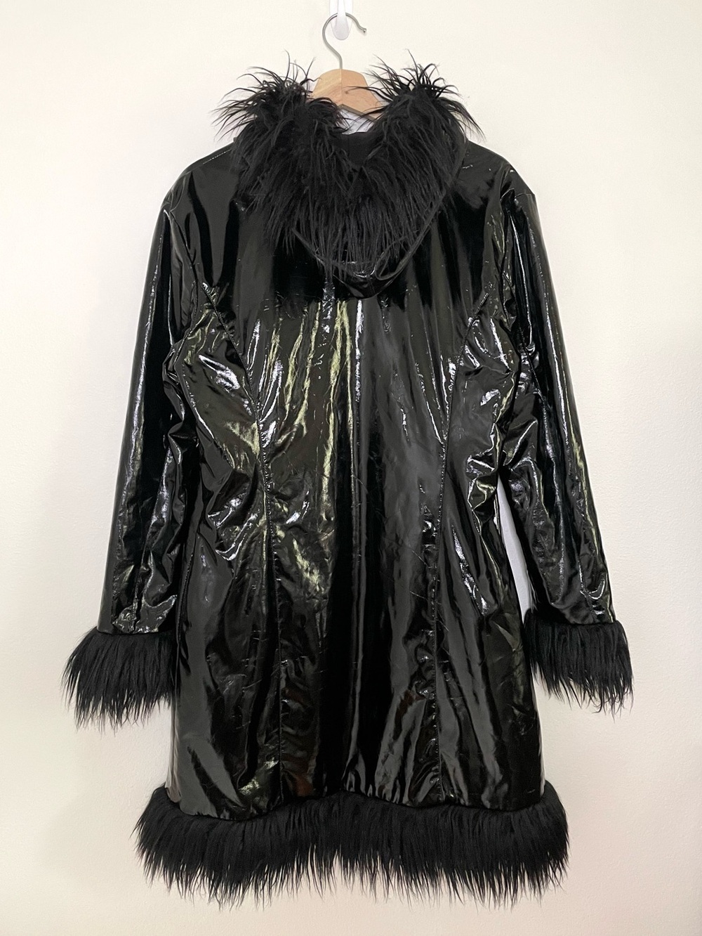 UNIF Imp Coat Glossy Vinyl Faux Fur Trim Hooded Jacket Black Medium Whimsigoth - Picture 5 of 16